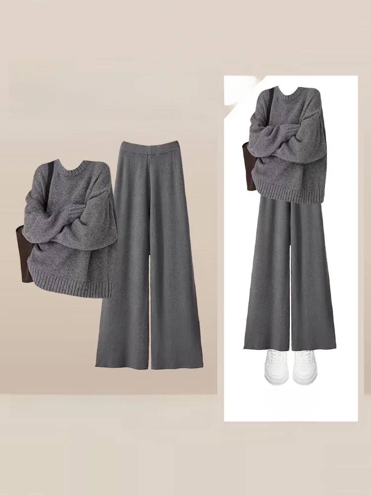 

Loose Knitted Top And Wide Leg Pants Set Simple Autumn Winter Casual Wear Comfortable Feel round Neck Long Sleeve Two Piece Set