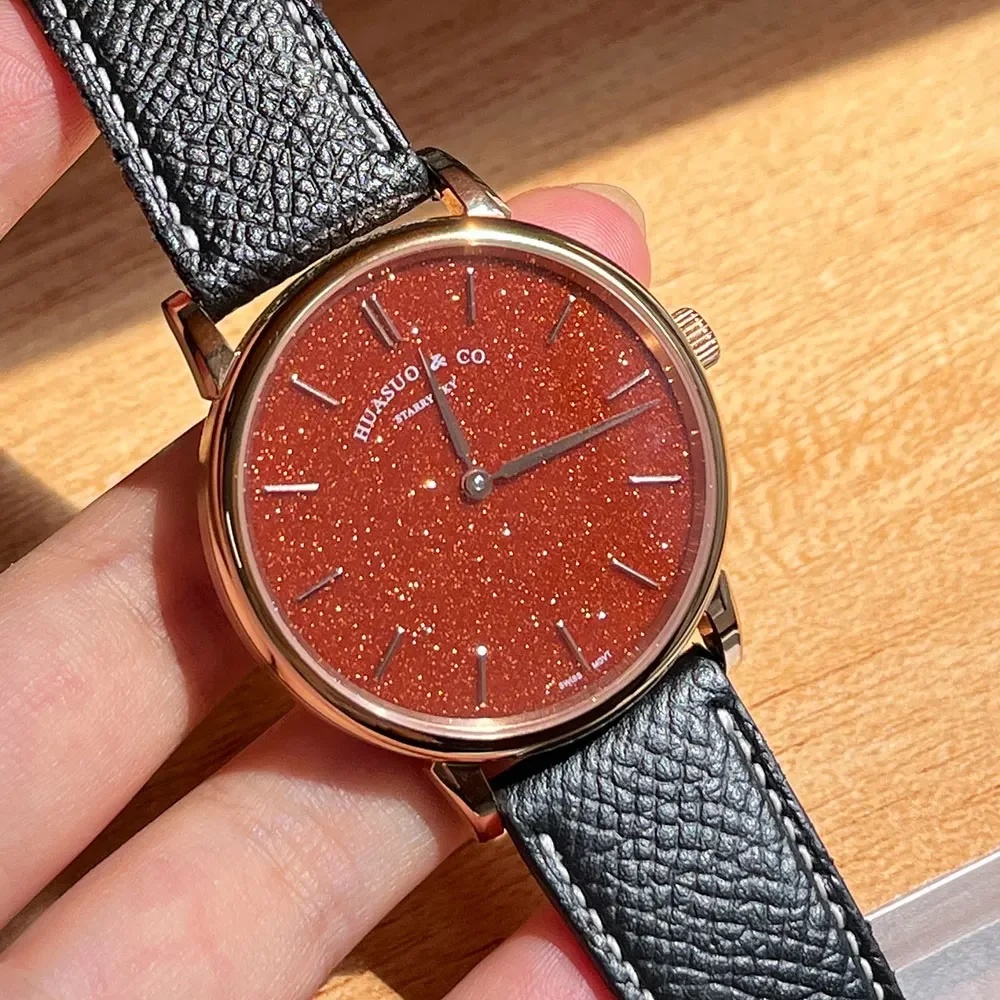 HUASUO Luxus 39mm Ultradünne Uhren Für Männer Blau Aventurin Sternenhimmel Automatische Bewegung SW300 Saphirglas 50m Wasserdicht 9