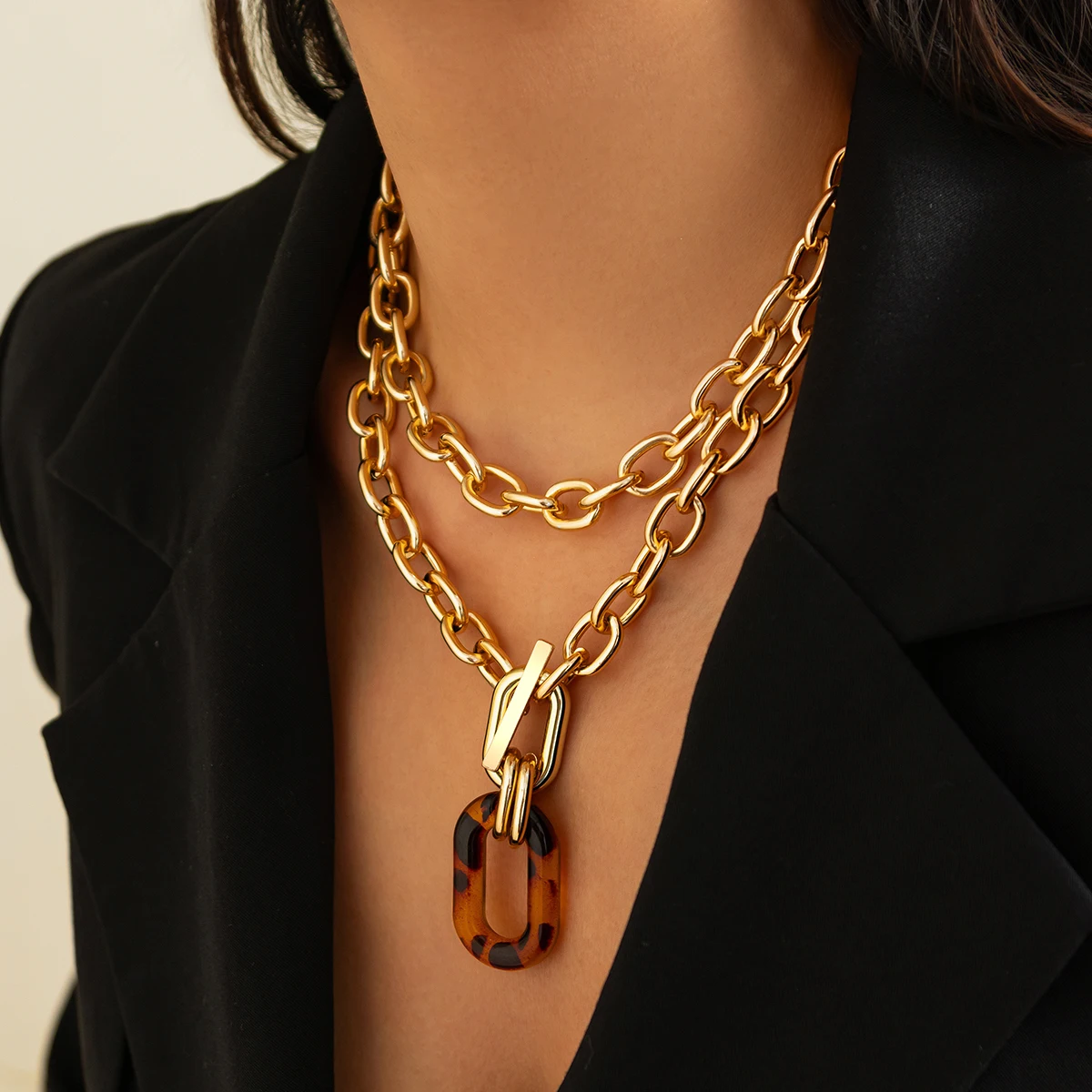 SHIXIN Vintage Acrylic Leopard Print Square Pendant Necklace for Women Punk Multi Layer Chunky Cross Chain Necklace Neck Jewelry