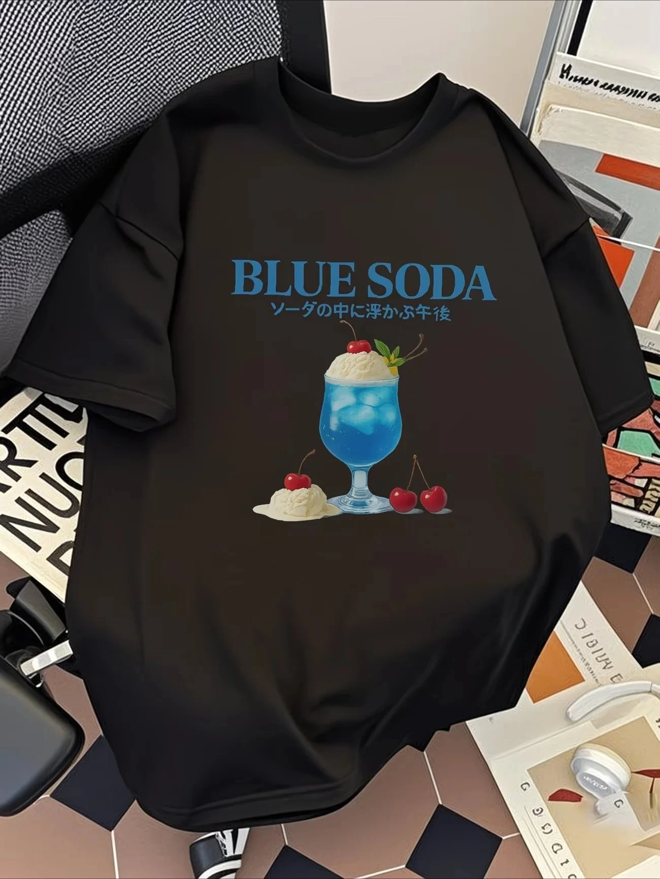 Y2k Blue Soda Ice Cream Graphic T-Shirt Japanese Letter Print Women Kawaii Summer Short Sleeve Loose Tops Casual Streetwear Tees