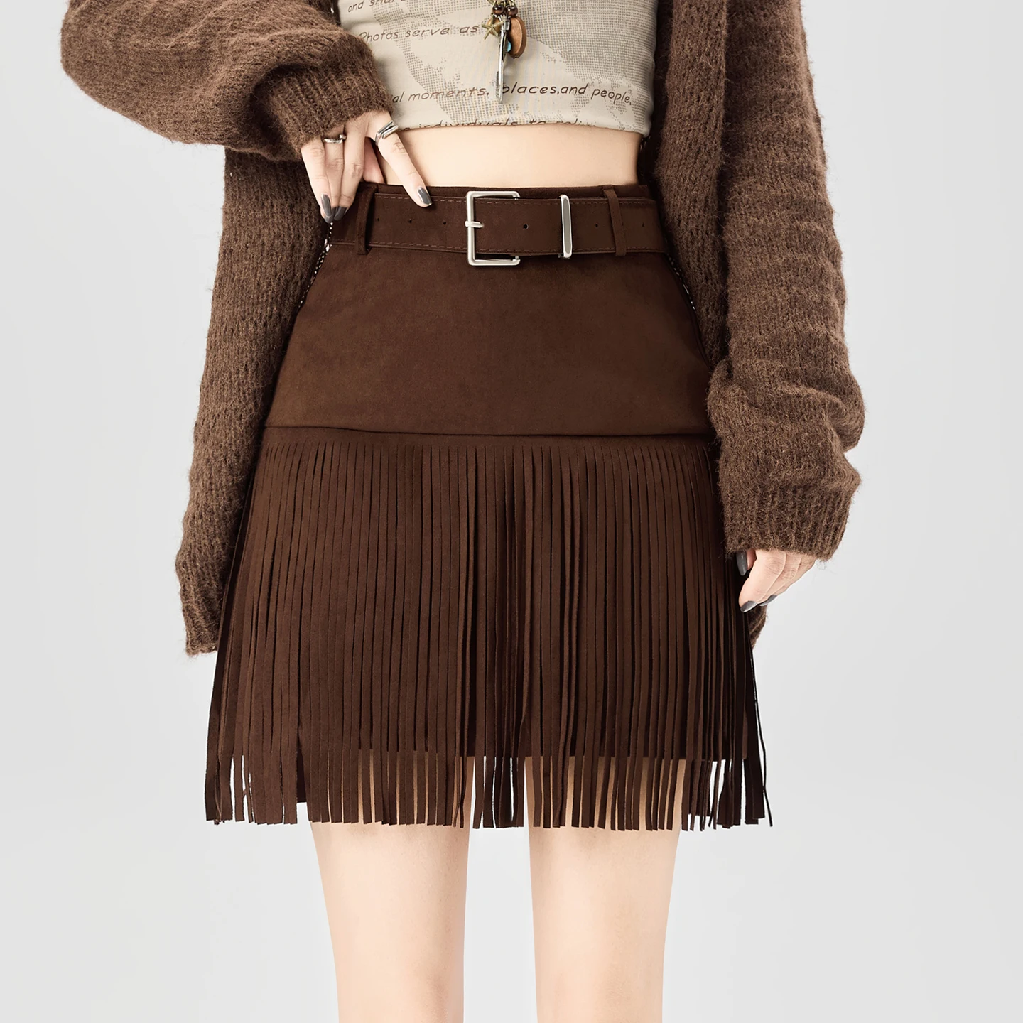

Y2K Deerskin Skirt Women Retro Velvet Fringed Midi High Waist Slimming Wrap A Line Short Autumn Winter