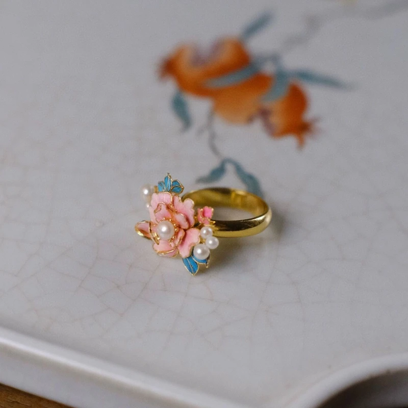 

Chinese Style Handmade Copper Gold-plated Enamel Handmade Blue Peony Flower Women's Open Ring Vintage Jewelry Gift