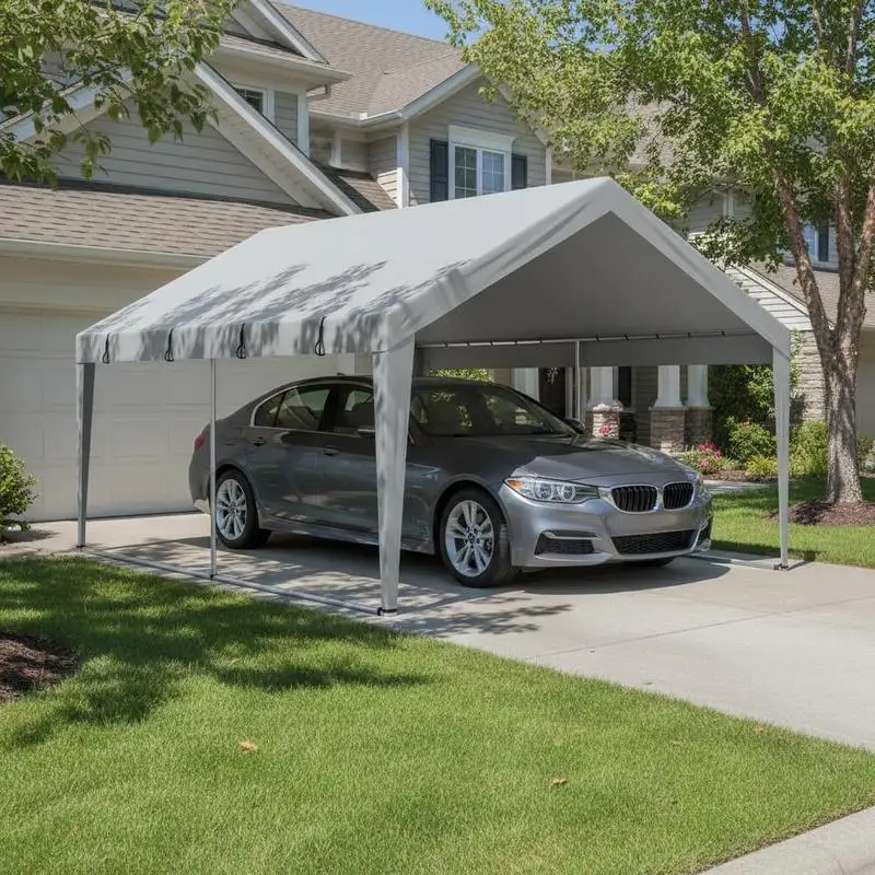 Garage Top Shelter Tarp 12 x 20 ft For Vehicle Storage Outdoor Events Equipment Protection Heavy-Duty Triple Layer Polyethylene Material Ball Bungee Fasteners Grey Color Only Top Cover Replacement Frame Not Included