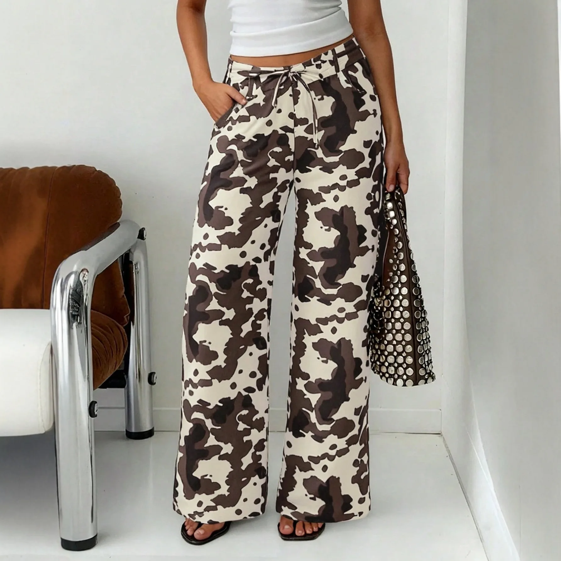 

2026 New Arrival Women's Cow Pattern Denim Pants Y2K Washed Old Straight Baggy Floor Length Trousers