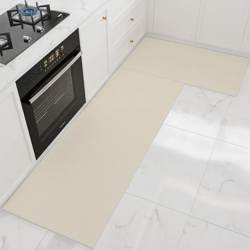 Kitchen Carpet Beige Mat Pvc Waterproof Solid Color Long Strip Rug Oil-proof Leather Foot Mats Floor Non-slip Washable 주방 바닥 매트