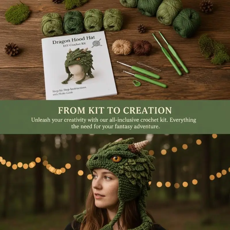 Wolf Pattern Hood Hat Crochet Kit All Tools Included Step-by-Step Guide for DIY Handcraft Enthusiasts