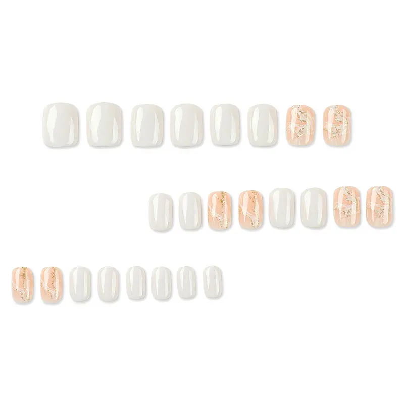 24pcs wearable white manicure, transparent yellow nails, gold glitter short fake nails