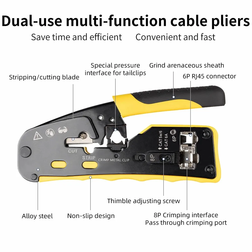 WoeoW Tools Ratcheting Modular Data Cable Crimper /Wire Stripper /Wire Cutter for CAT5e CAT6 CAT6A/7, RJ45 Pass-Thru Connector