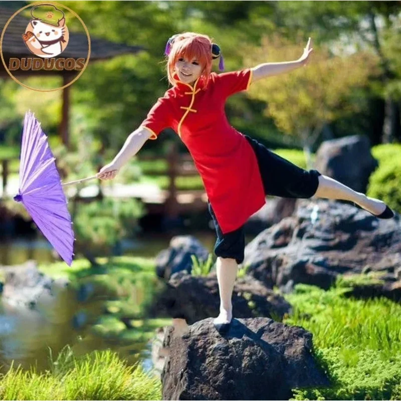 Gintama/Silver Soul 카구라 코스프레 의상 여성 일본 애니메이션 카구라 중국 드레스 가발 코스프레 쿵푸 착용 치파오 의상