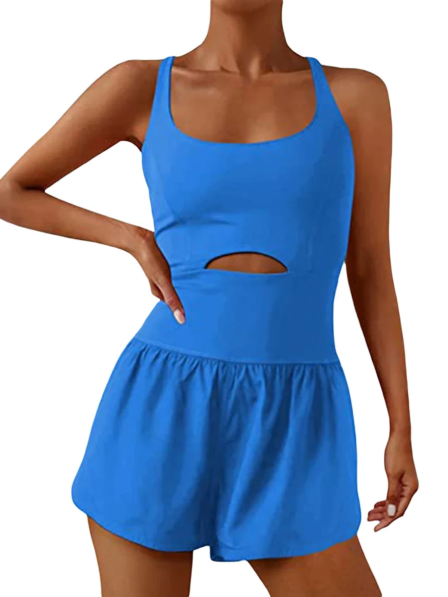 Pelele liso para mujer, ropa deportiva informal sin mangas con cuello redondo calado, monos elásticos de cintura alta para verano