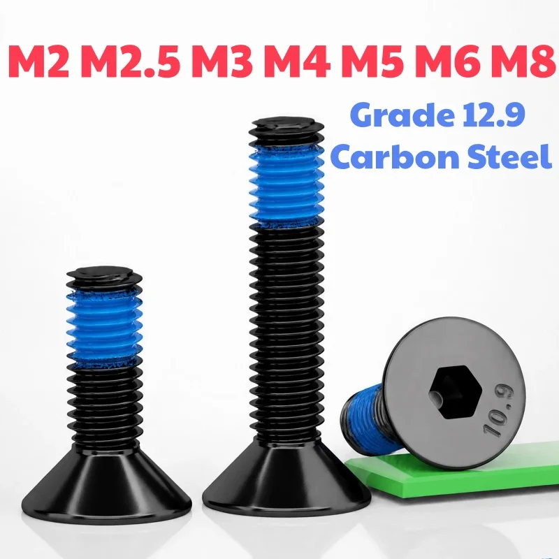 M2 ~ M8 Grade 12.9 Carbon Steel Black Hexagon Socket Flat Countersunk Head Machine Screw Blue Dispensing Bolts