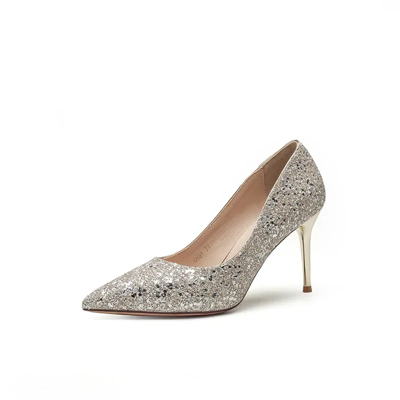 

9.5cm Women Sequined High Heels Fashion Pointed Toe Wedding Party Shoes Women OL Career Stiletto Office Shoes