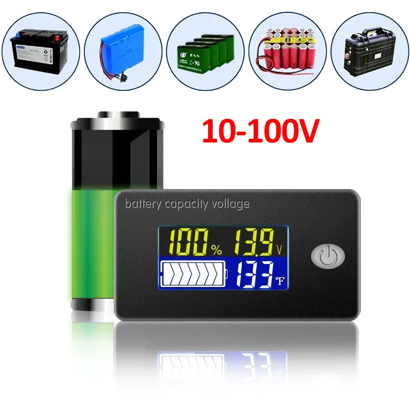 DC 10V-100V Battery Capacity Indicator 12V 24V 36V 48V 60V 72V Li-ion Lead acid Battery Tester LCD Voltmeter Temperature Meter