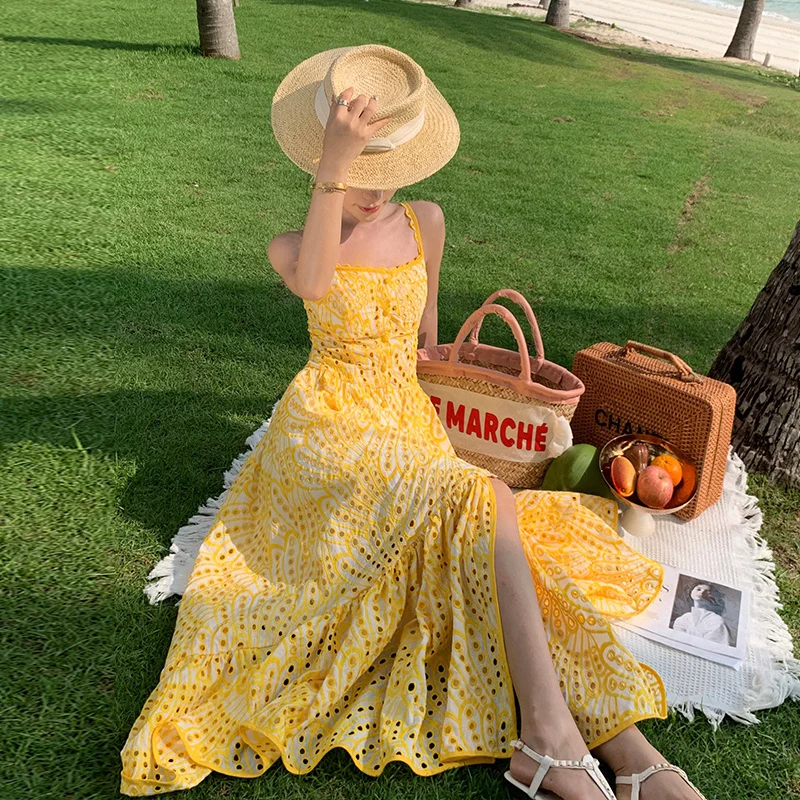 MYSIMLOCHIC Women Summer Holiday Embroidery Cotton Midi Dress Long Beach Straps Sundress Sexy Backless Prom Evening Robe