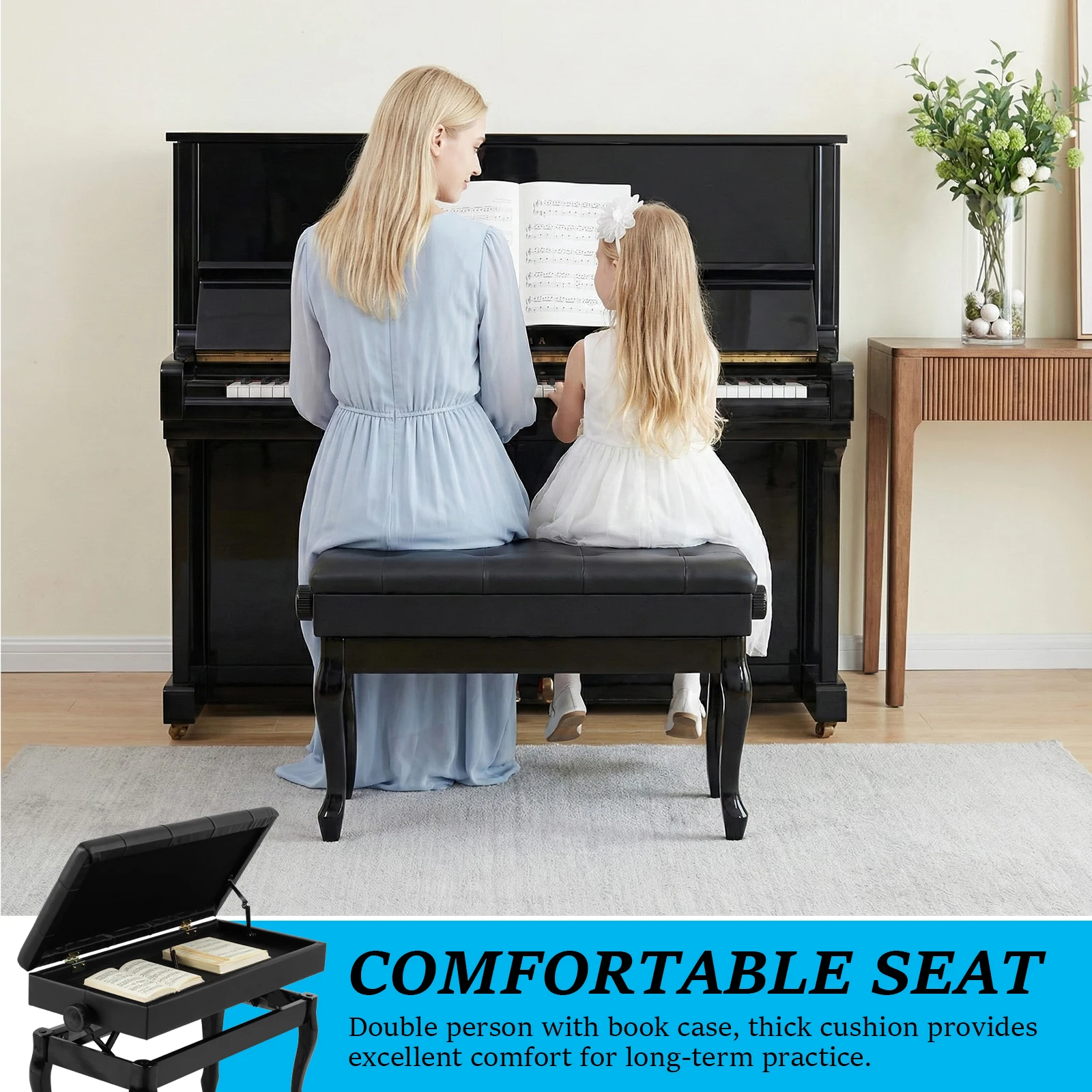 

Регулируемый по высоте стул для фортепиано с книжной полкой, расширенное сиденье для клавишных инструментов, многофункциональный, для дома/музыкальной комнаты/класса