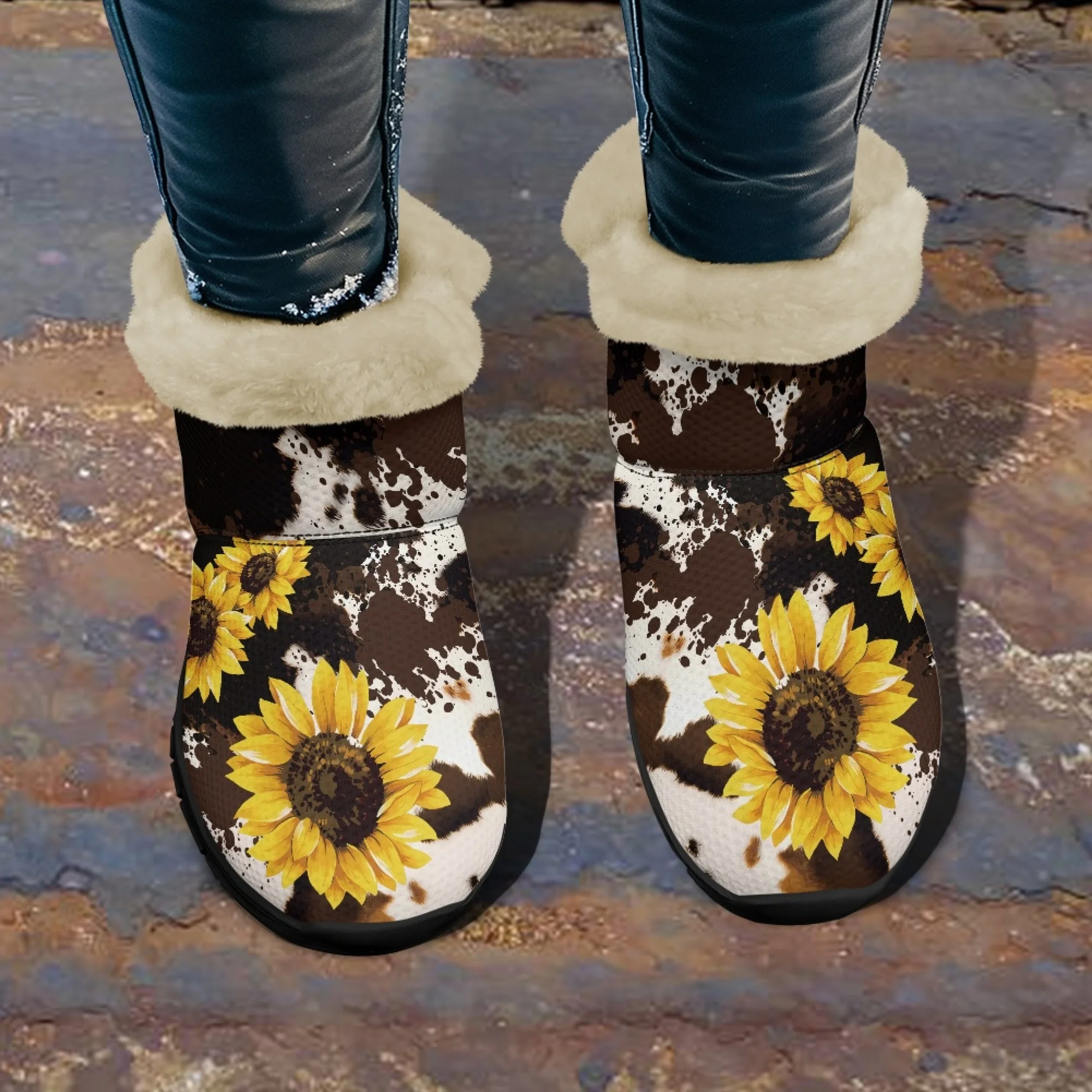 INSTANTARTS Cow Texture Print Sunflower Pattern Warm Fuzzy Snow Boots Women Winter Shoe Comfort Boots Short Plush frauen stiefel