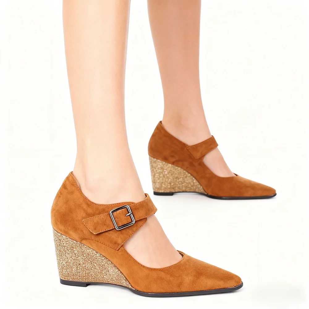 

FHC 2025 New Wedges High Heels,Women Pumps,Fashion Ankle Buckle Casual Shoes,Pointed Toe,Black,Yellow,Brown,Dropship