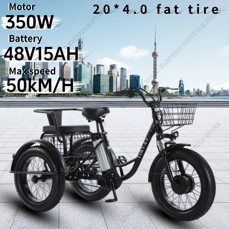 Electric tricycle 350W48V15AH lithium battery 20*4.0 fat tire with seat electric bbicycle snow off-road double Electric Trike