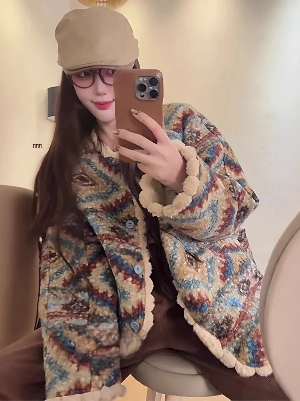 

2025 New Vintage Fair Isle Thi Warm Plu Jaet Women's Autumn Winter Lazy Sle Loose Long Sve Top Warm Knitted Coat
