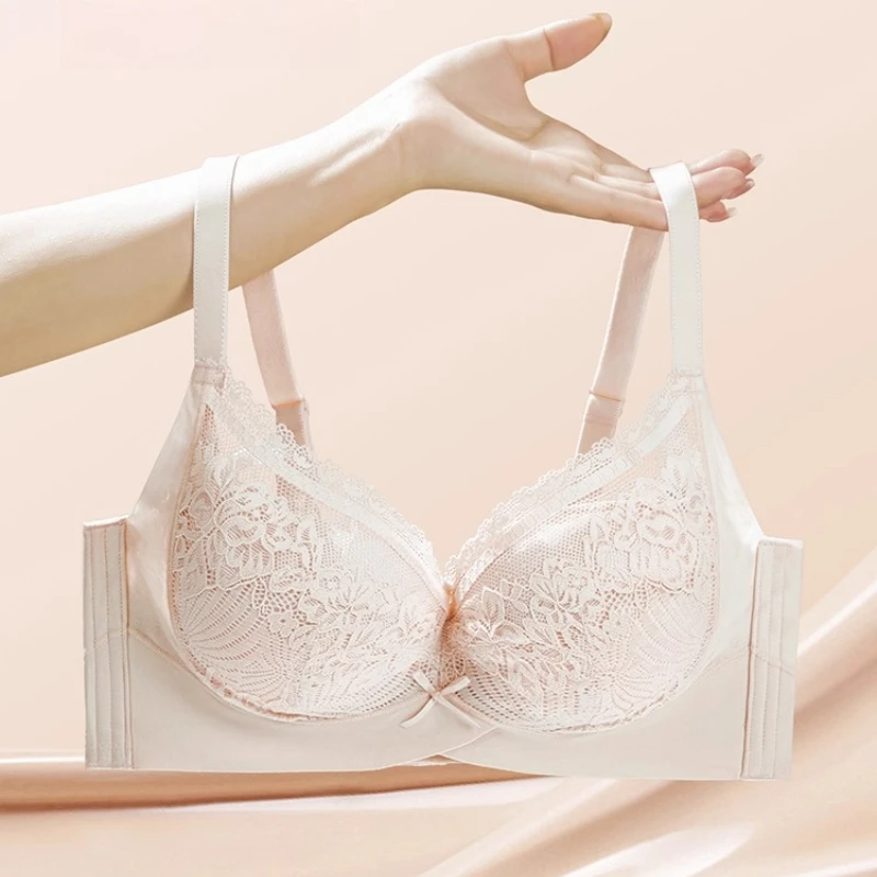 

Women's Thin Push-Up Bra Seamless Back Minimizes Side Bulges Uplift Support Underwear Elegant Lace Top Up Bra Autumn New