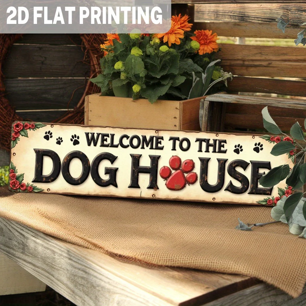 1pc Vintage Welcome to Doghouse Metal Sign - Retro Pet Paw Print with Rose Wall Decor for Farmhouse, Porch - Dog Lover Gift