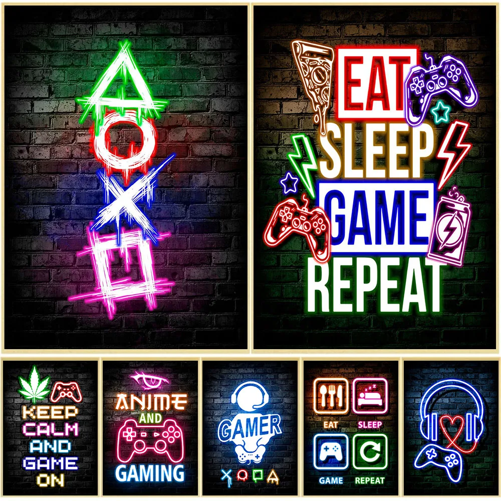 Gaming Neon Eat Sleep Game Repeat  Canvas Posters Gamer Room Decor Canvas Print Art for Home Esports Bedroom Decor Gift Painting