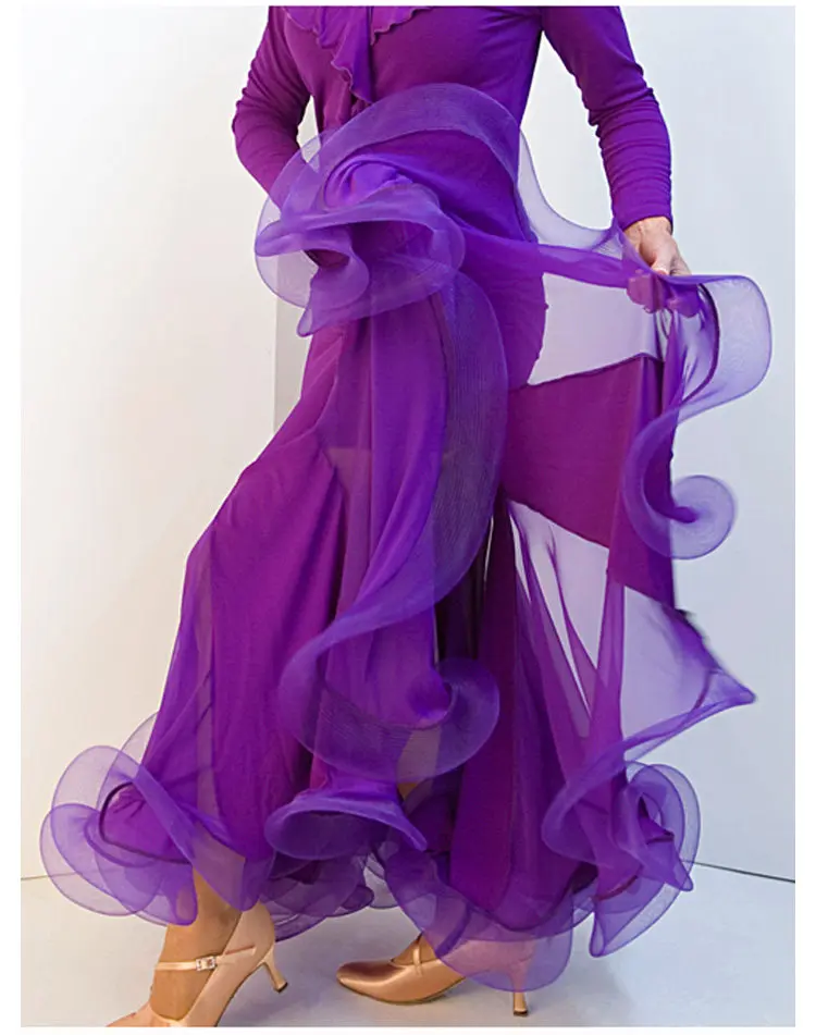 Women Black Ballroom Dance Skirt Stretchy Fabric Long Ruffled Hem Mermaid Skirt for Waltz Tango Standard Dancewear