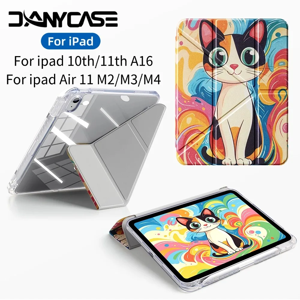 For iPad 11th A16 2025/10th Gen 2022 Air M2 M3 M4 Case Acrylic Clear Cartoon Back Cover Magnetic Smart Case Shockproof Free Gift