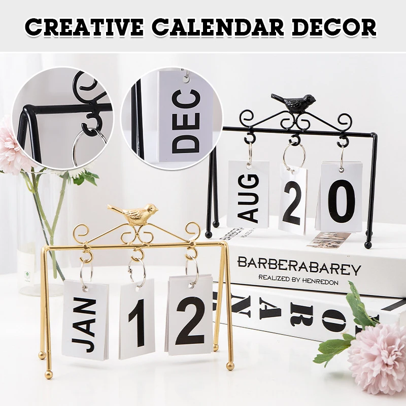 

Metal Perpetual Desk Calendar with Bird Iron Art Flip Chart Standing Month Date Display Calendar for Office Desktop Decoration