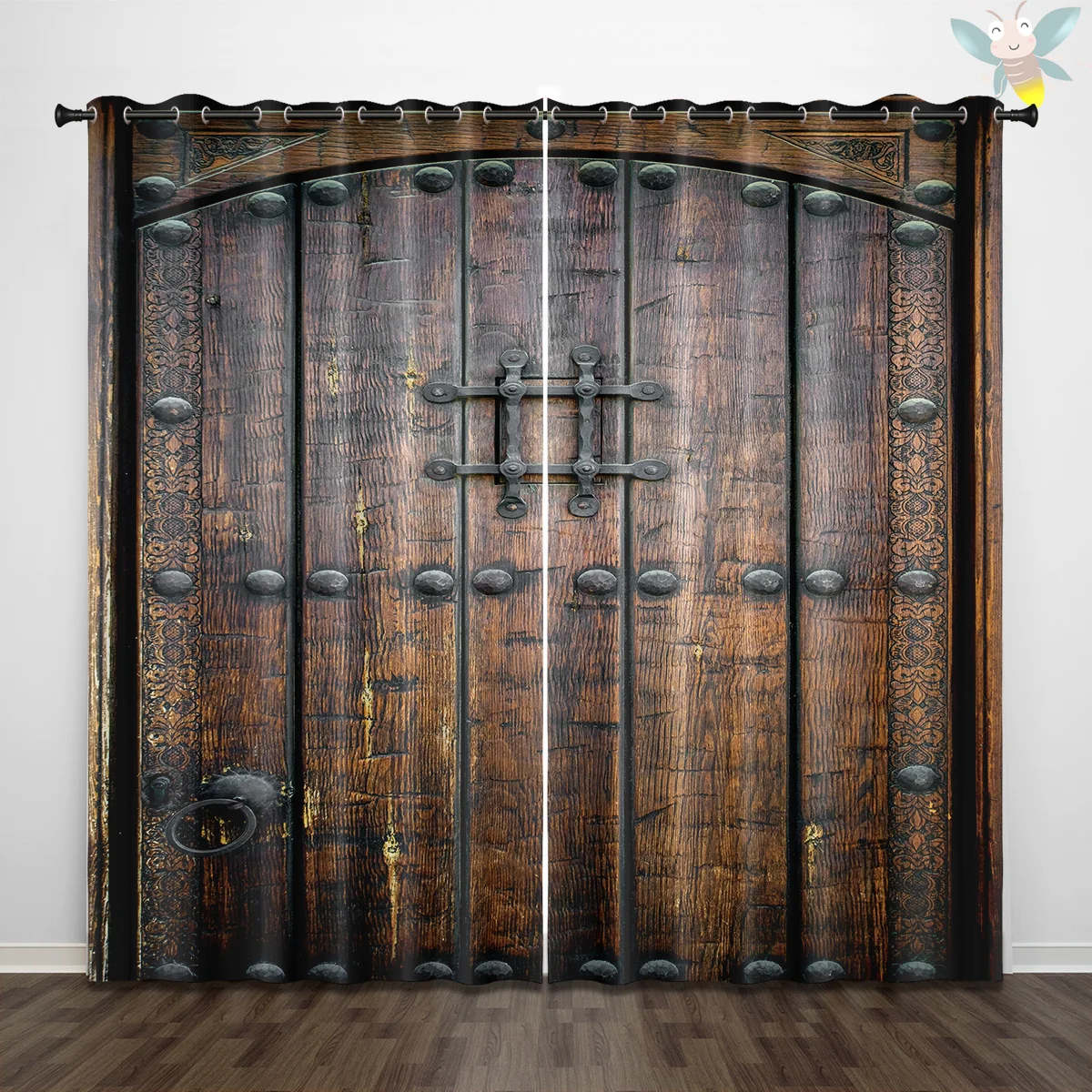 2pcs Vintage wooden door curtain, suitable for living room, bedroom, study, office, sliding window, french window