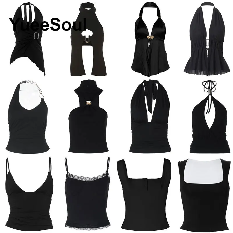 

Черные топы Y2k, однотонный тонкий укороченный топ без рукавов, 2026, новая мода, сексуальный клубный топ на бретелях в стиле Харадзюку, женская одежда 2000-х годов