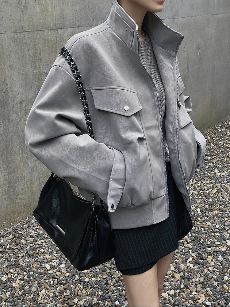 Vintage Streetwear Jacket Women Autumn Long Sleeve Zipper Pocket Coats Korean Retro Hottie Loose Casual Harajuku Outwear Tops