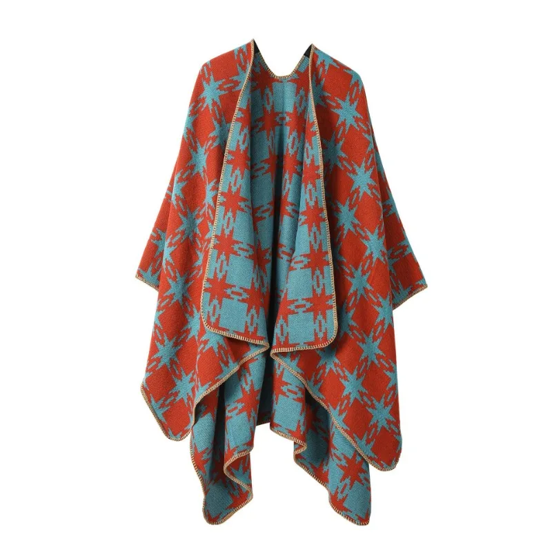

Imitation Cashmere Cape Shawl Women's Shawl Retro Slit Fashion Warm Imitation Cashmere Jacquard Checkered Pattern Scarf Shawl