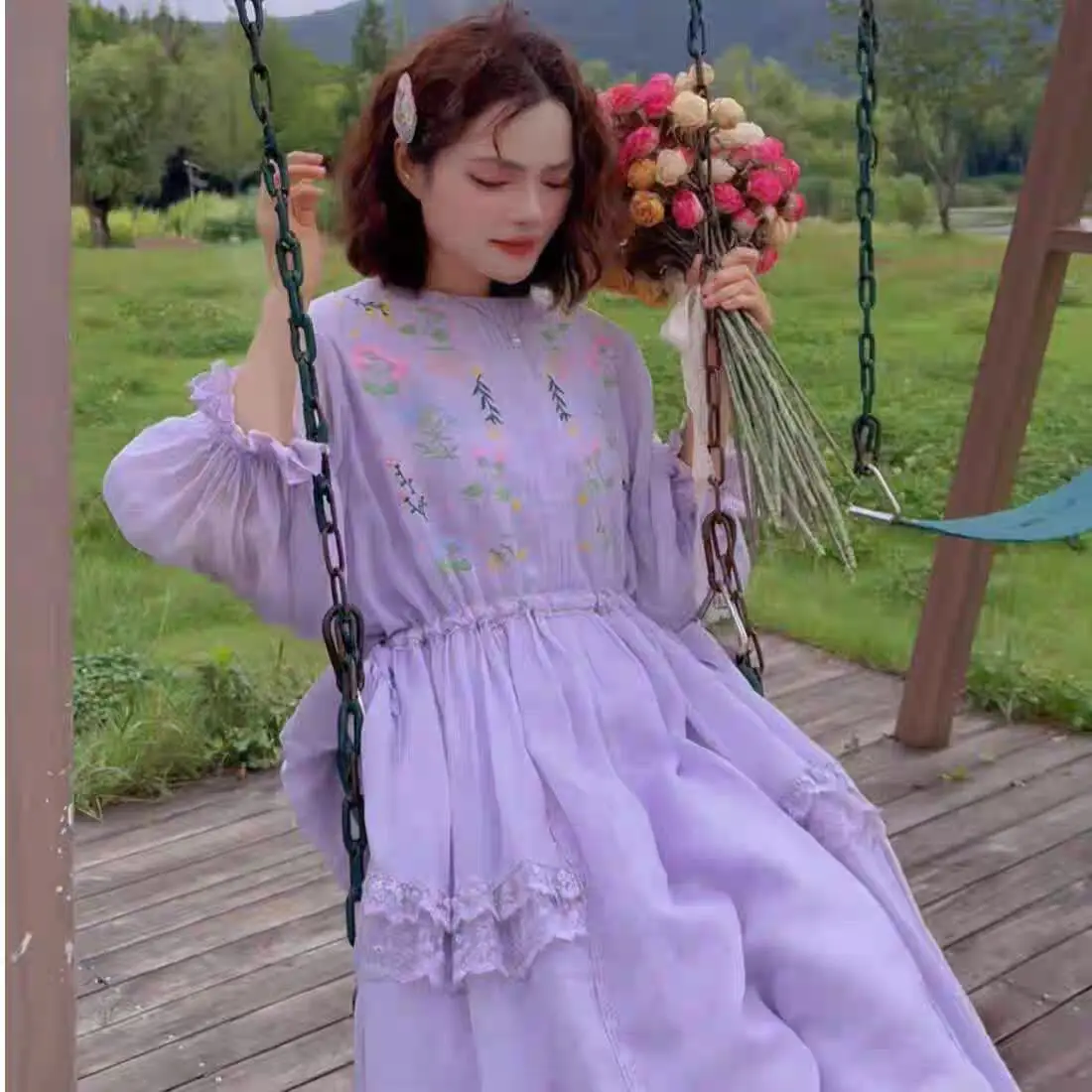 

Vintage Ramie Embroidery Lolita Dress Women Mori Girl Peter Pan Collar Lace Ruffles Midi Dresses Retro Evening Party Vestidos