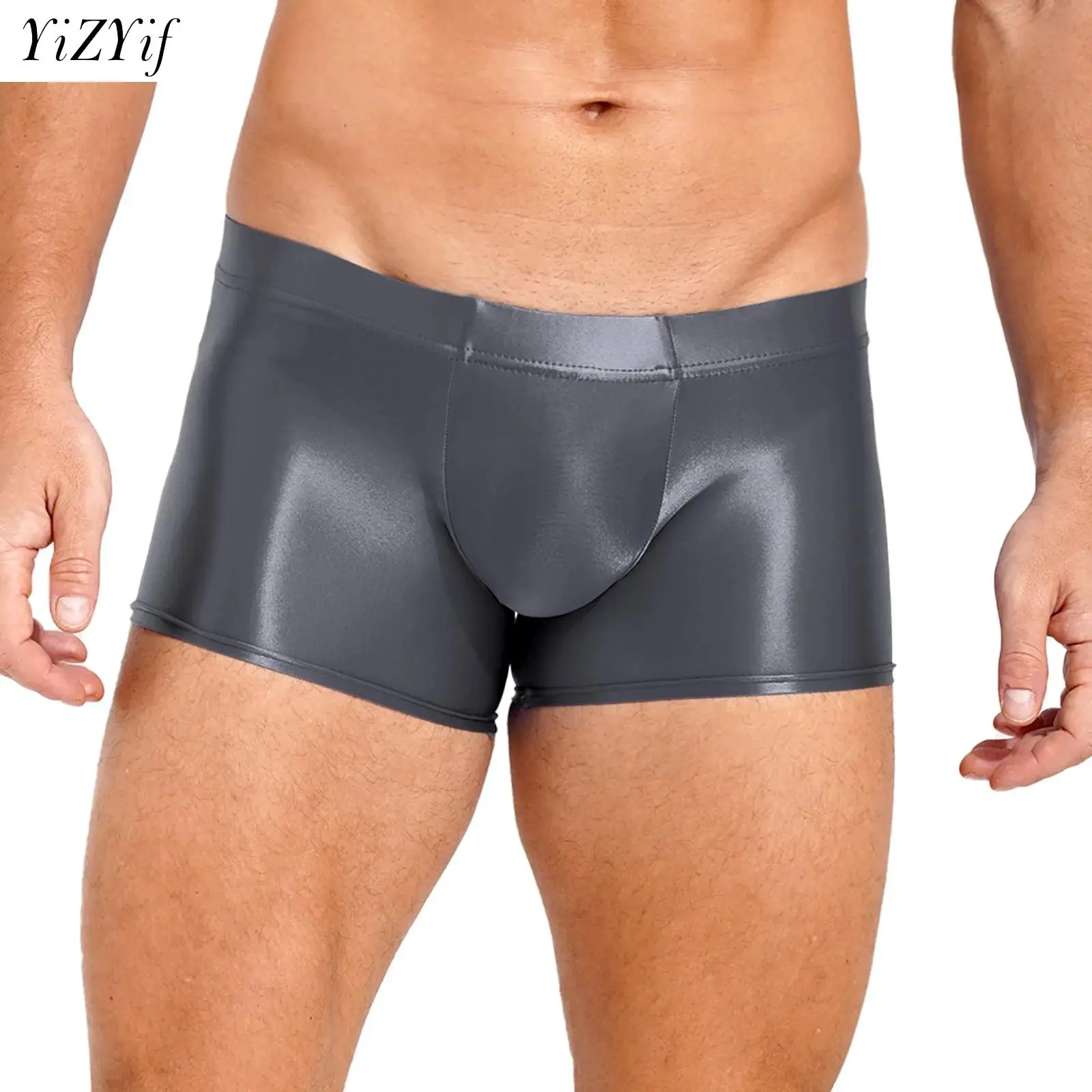 Shiny Glossy Men Boxer Briefs Underwear Stretch Oil Boxershorts Panties Low Rise Fitness Underpants Male Pool Party Beach Shorts