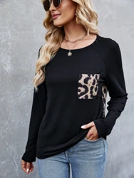 Women Fashion Leopard Printed Tee Shirts Casual O Neck Full Long Sleeve Knitted Tops Ladies Basic Tops With Pockets