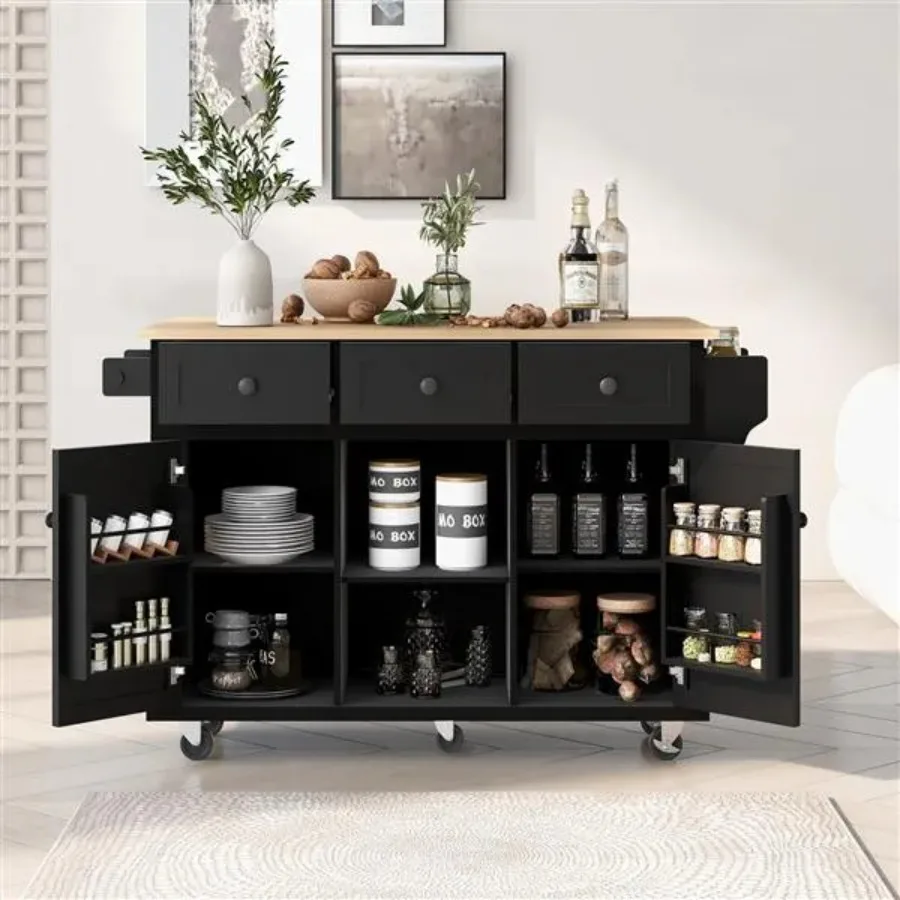 

Kitchen Cart with Rubber wood Drop-Leaf Countertop Cabinet door internal storage racks Kitchen Island on 5 Wheels with Storage