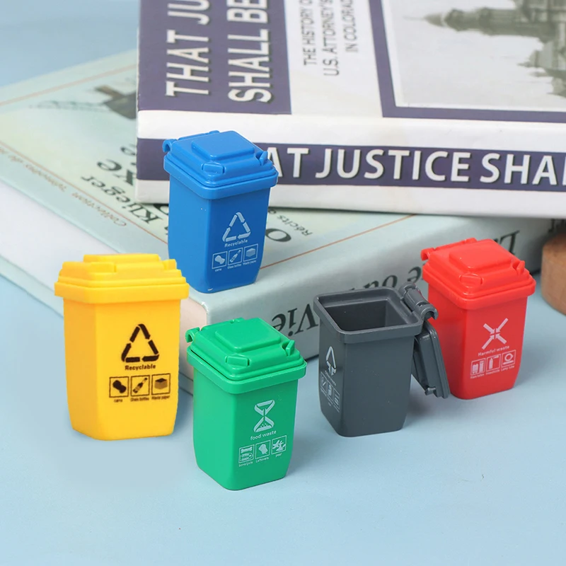 5Pcs/set 1:12 Dollhouse Miniature Trash Can Opened Lids Small Garbage Truck Cans Curbside Vehicle Garbage Separation Bin Life