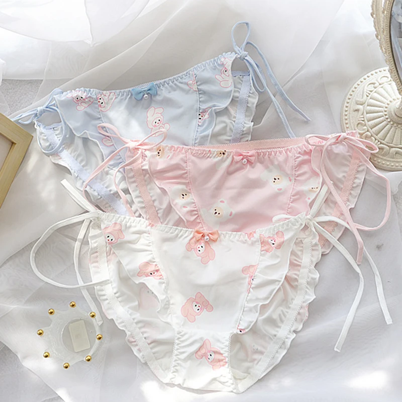Styl japoński księżniczka sznurowanie śliczne piękne Sweety majtki kobiety elastyczność Ruffles mleczny jedwab kreskówka Lolita bielizna Cosplay
