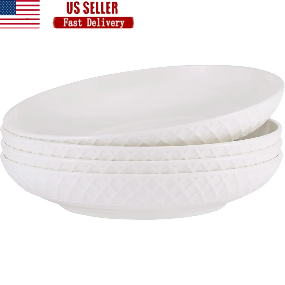 

Набор мисок для макарон из костяного фарфора в решетку, из 4 легких, устойчивых к сколам белых, можно мыть в посудомоечной машине, безопасный для микроволновой печи, современный дизайн, сервировочные салаты