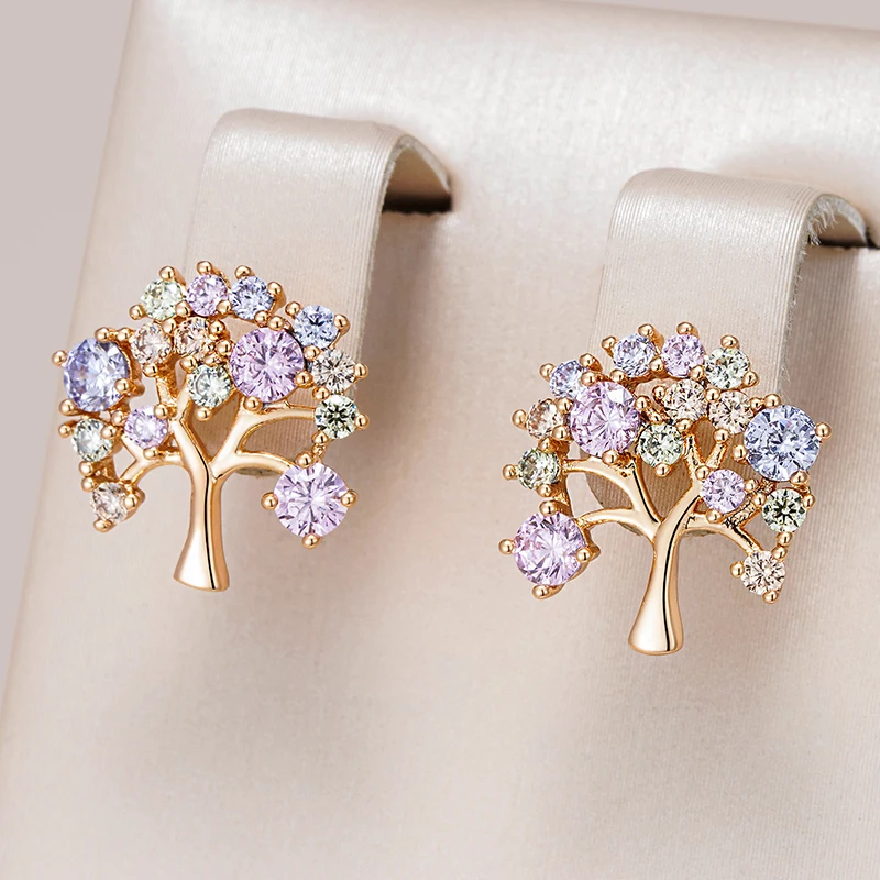 Wbmqda Fashion Colorful Lucky Tree Stud Earrings For Women 585 Rose Gold Color Exquisite Natural Zircon Jewelry 2023 Trending