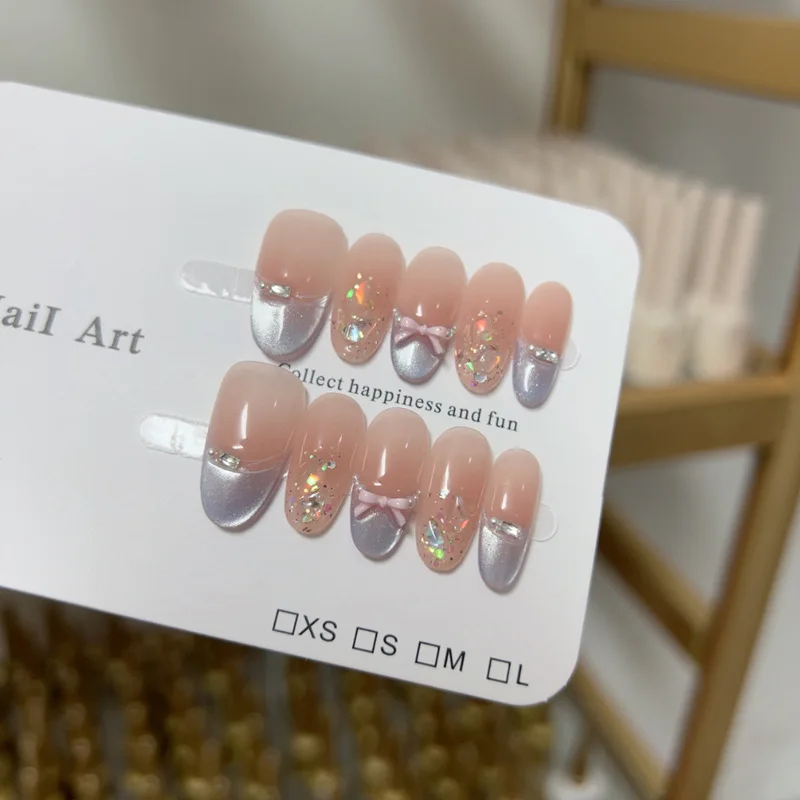 10 Stück handgemachte französische ovale Nägel zum Aufdrücken, glänzende Katzenaugen-Strasssteine, 3D-Schleifen-Design, niedlich, süß, künstliche Nägel, tragbare Nägel, Tipps, Kunst