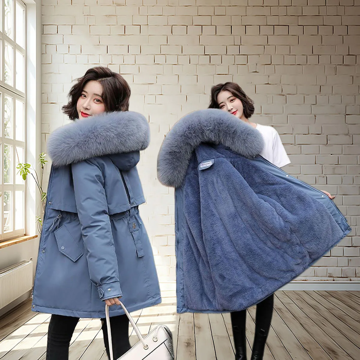 

Ladies' street style loose hooded down jacket, mid to long winter warm knit cotton jacket