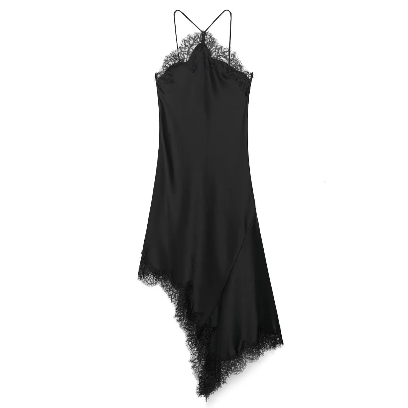 2025 Summer Lady Robes Black Lace Spliced Satin Sexy Short Sling Dress Women V-neck Sleeveless Backless Asymmetric Party Dresses