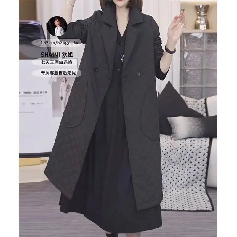 Suit Neck Trench Coat For Women 2024 New Autumn And Winter High-End Over The Knee Casual Diamond Grid Loose And Slim Long Jacket