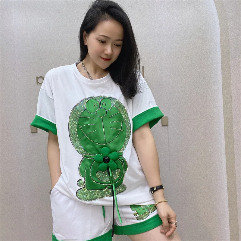 Cartoon Sequins Short Sleeve 2 Piece Set Tracksuit Women 2024 Summer Short Pants Matching Sets Vestidos Steetwear Femme