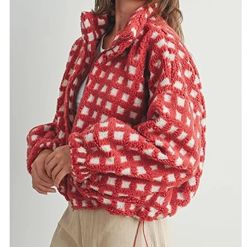 

Women's Autumn Winter y2k Vintage Plaid Jacket Fuzzy Zip Up Long Sleeve Warm Oversized Fluffy Cropped Jackets Coats Tops