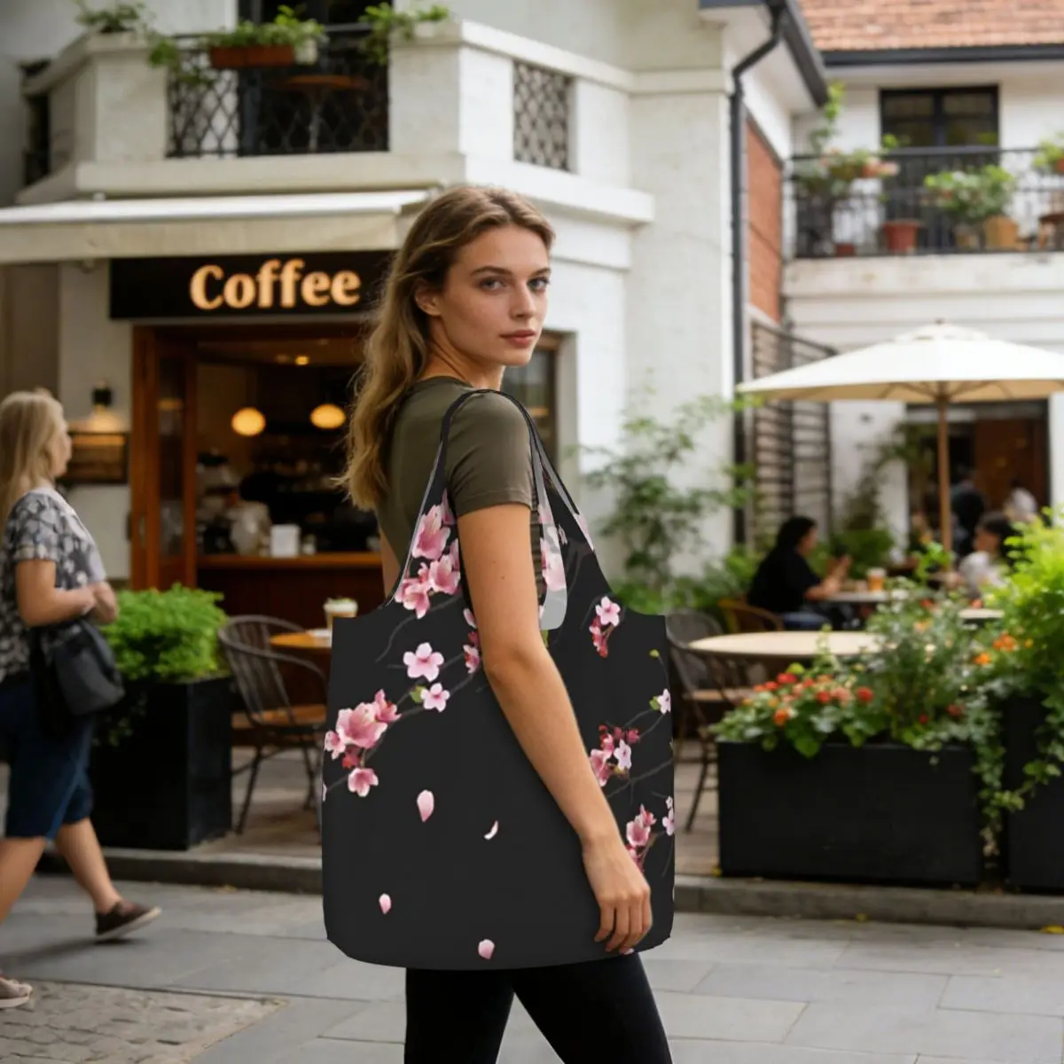 Japanese Cherry Blossom Pattern Shopping Tote Bag Canvas Large Capacity Shoulder Bags Shopper Grocery Handbag for Women