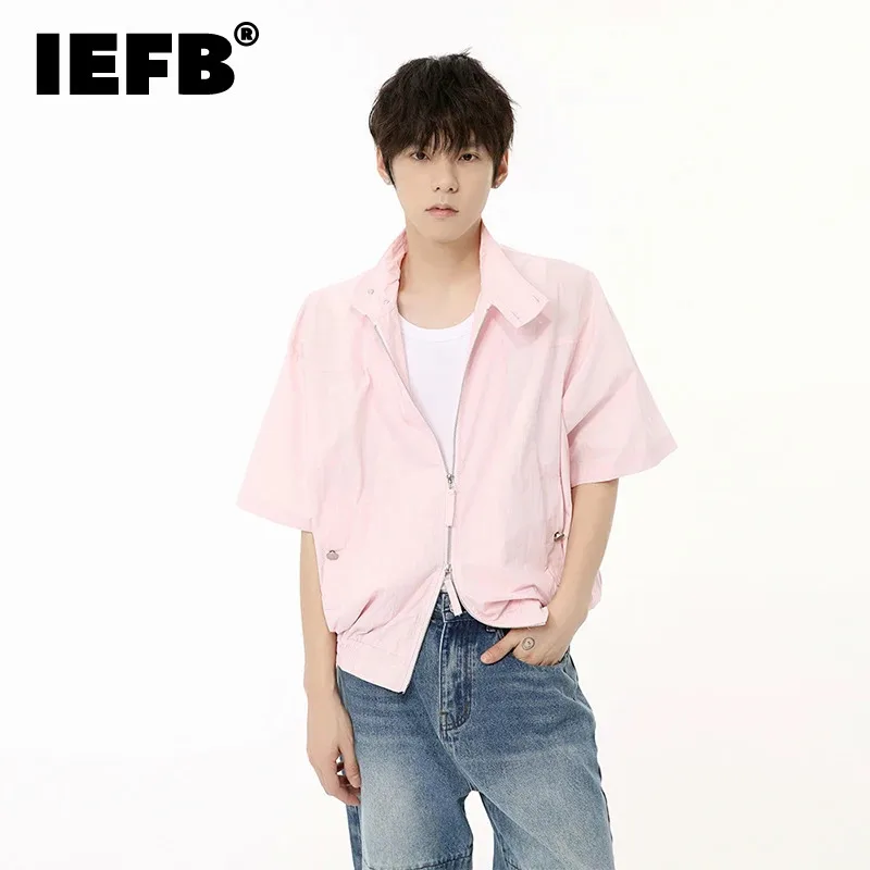 

IEFB Male Double Zippers Design Cardigan Shirts New Standing Collar Half Sleeved Casual Men's Tops Summer 2024 Chic 9C6685