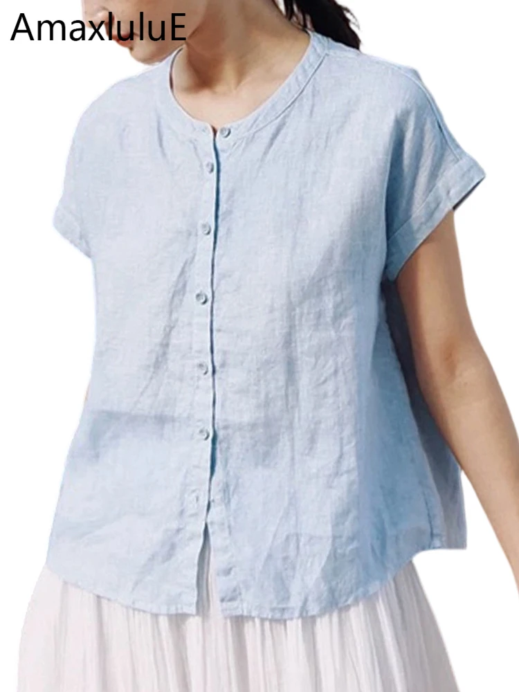 

Amax LuluE 2026 Summer Vintage Loose Soild Shirts Ladies Japanese Design Cotton Linen Tops Womens Fashion Causal Elegant Blouses